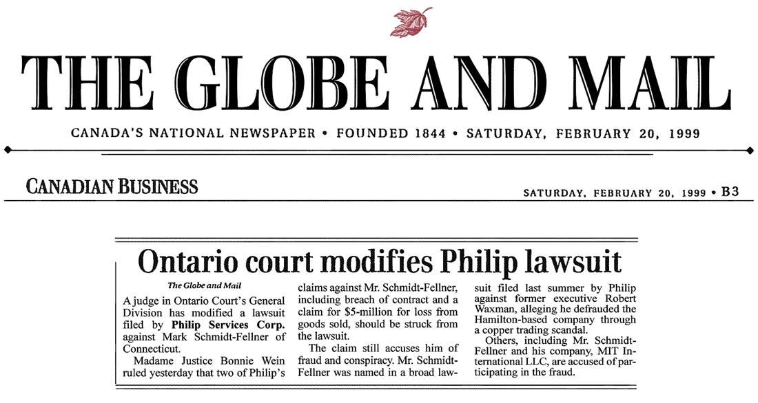 Globe & Mail 1999-02-20 - Simm wins motion to strike various claims in Philip lawsuit